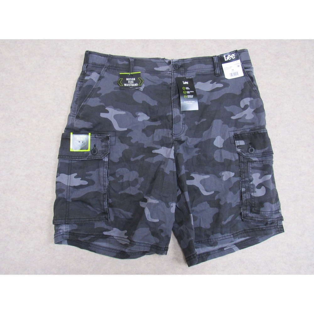 Lee Mens Grunge‎ Camo Relaxed Fit Cargo Shorts Motion Flex Grey Black 38 NEW